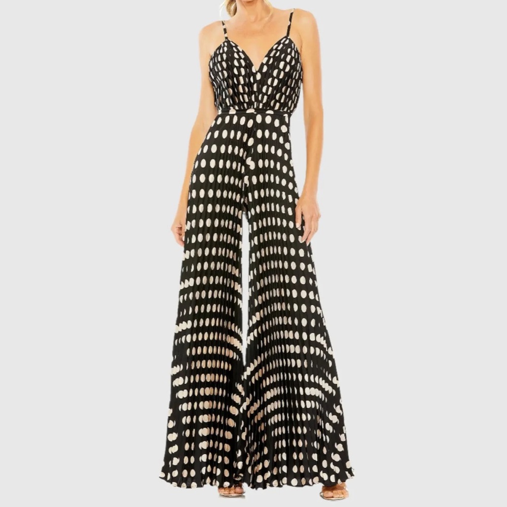 Ieena for Mac Duggal Black Pleated Charmeuse Polka Dot V-Neck Jumpsuit